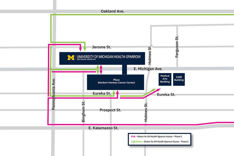 Map of Michigan Avenue Reconstruction Detour UM Health-Sparrow Lansing July 2025