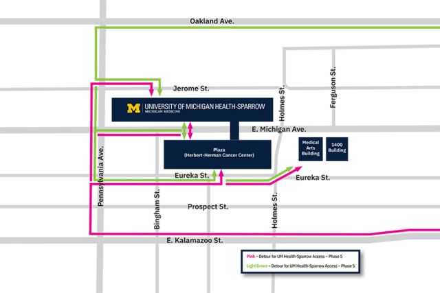 Map of Michigan Avenue Reconstruction Detour UM Health-Sparrow Lansing June 2025